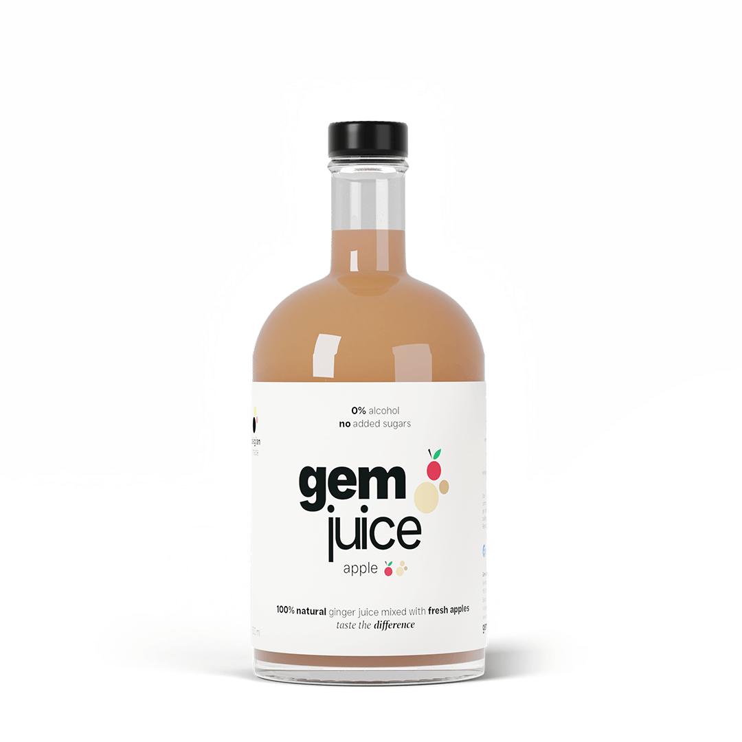 Gem Juice Apple bottle featuring a natural ginger and apple drink, 0% alcohol, no added sugars.