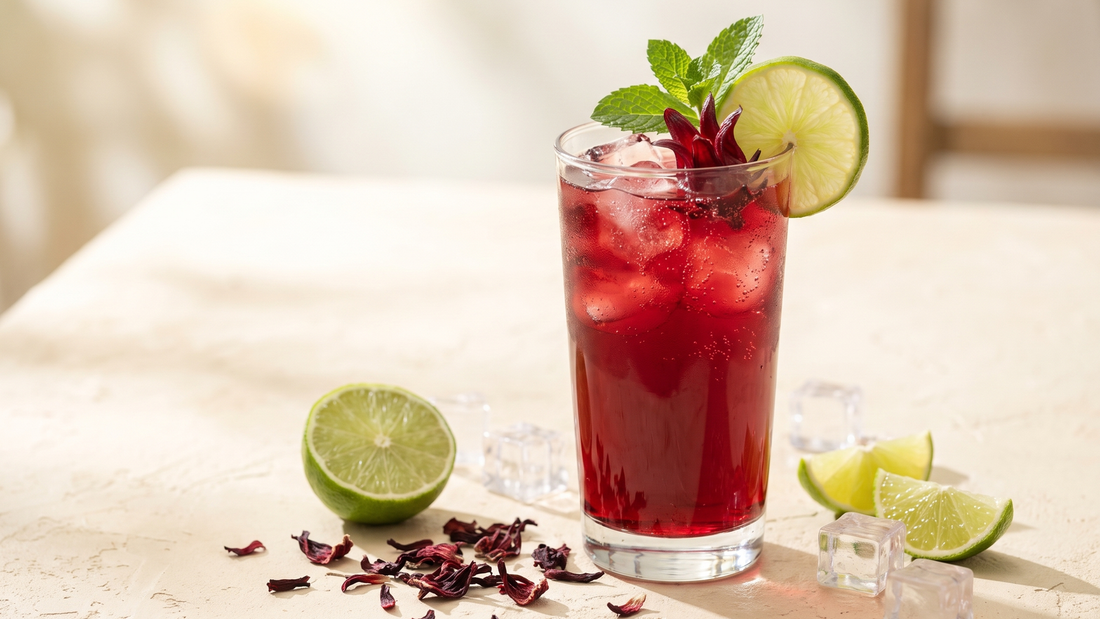 Sparkling ginger hibiscus iced tea with lime and mint, made with Gem Juice