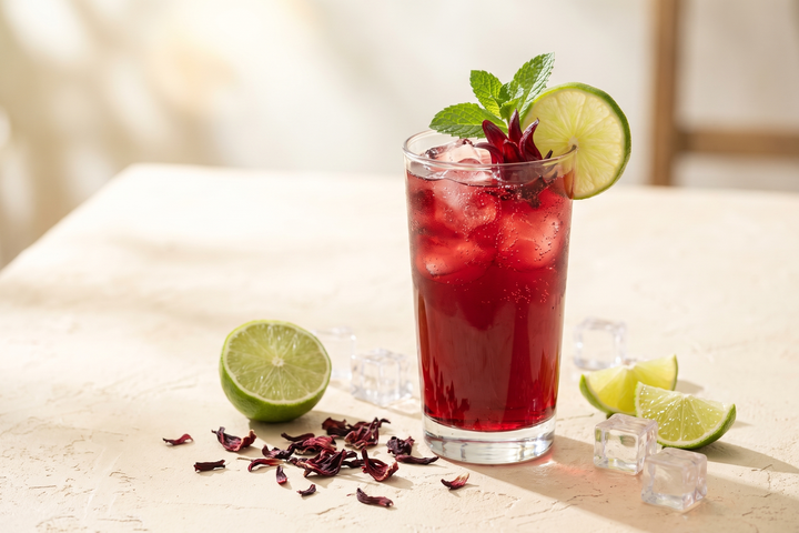 Sparkling ginger hibiscus iced tea with lime and mint, made with Gem Juice Original