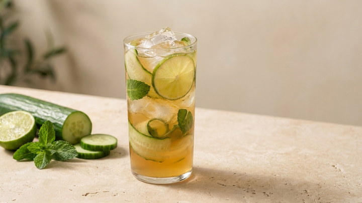 Cucumber Crush mocktail with Gem Juice mint, cucumber ribbons and lime in a tall glass