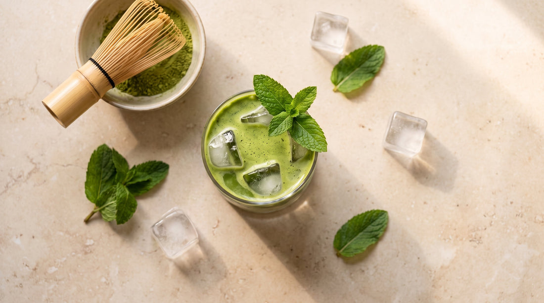 Overhead flat-lay of iced ginger matcha made with Gem Juice Mint, jade-green layered drink with clear ice and fresh mint sprig, matcha bowl and bamboo whisk beside it on a beige stone surface