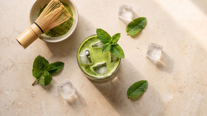 Overhead flat-lay of iced ginger matcha made with Gem Juice Mint, jade-green layered drink with clear ice and fresh mint sprig, matcha bowl and bamboo whisk beside it on a beige stone surface