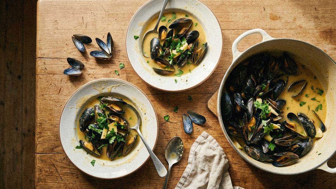 Overhead flat-lay of a wide pot of ginger apple mussels for two, open shells in ginger apple broth with apple matchsticks and parsley, on a worn wooden table