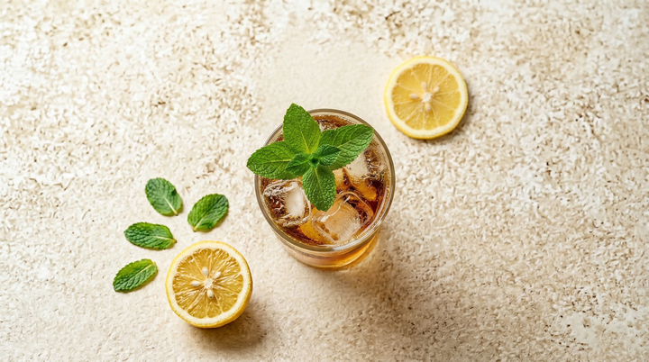 Golden ginger lemonade spritz over ice with fresh mint, lemon halves on a stone surface