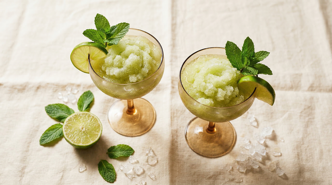 Two coupe glasses of frozen mint ginger mojito slush with lime and fresh mint on linen