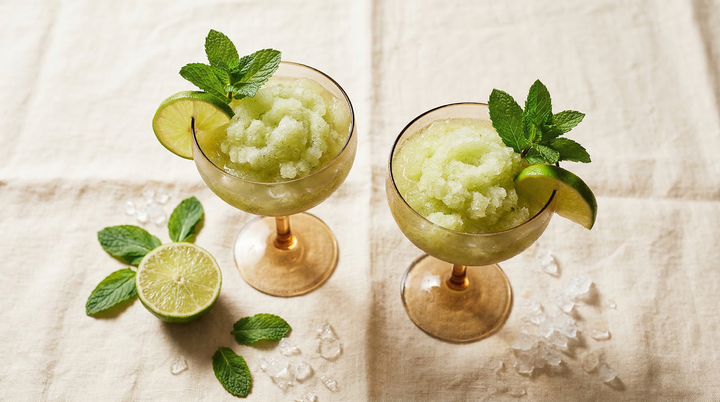 Two coupe glasses of frozen mint ginger mojito slush with lime and fresh mint on linen