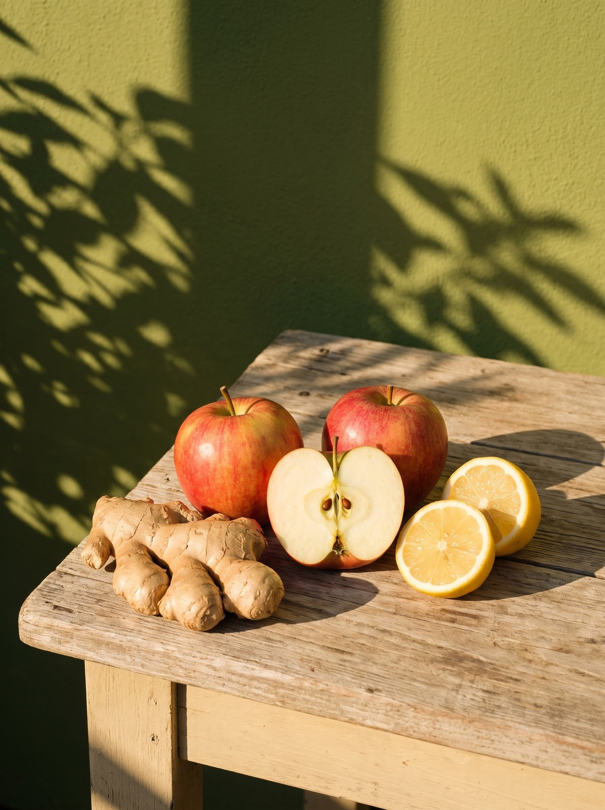 Red apples, fresh ginger root and lemon on weathered wood