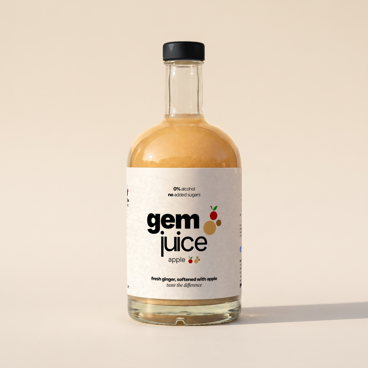 Gem Juice Apple bottle featuring a natural ginger and apple drink, 0% alcohol, no added sugars.