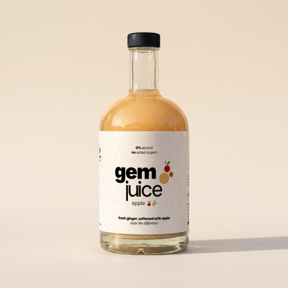Gem Juice Apple bottle featuring a natural ginger and apple drink, 0% alcohol, no added sugars.