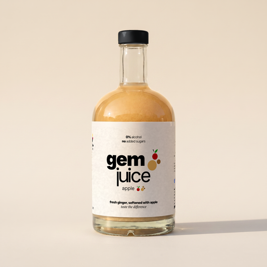 Gem Juice Apple bottle featuring a natural ginger and apple drink, 0% alcohol, no added sugars.