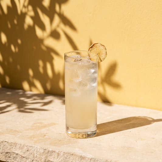 Gem Juice Original ginger drink served tall over ice with a dried ginger slice against a sunlit yellow wall