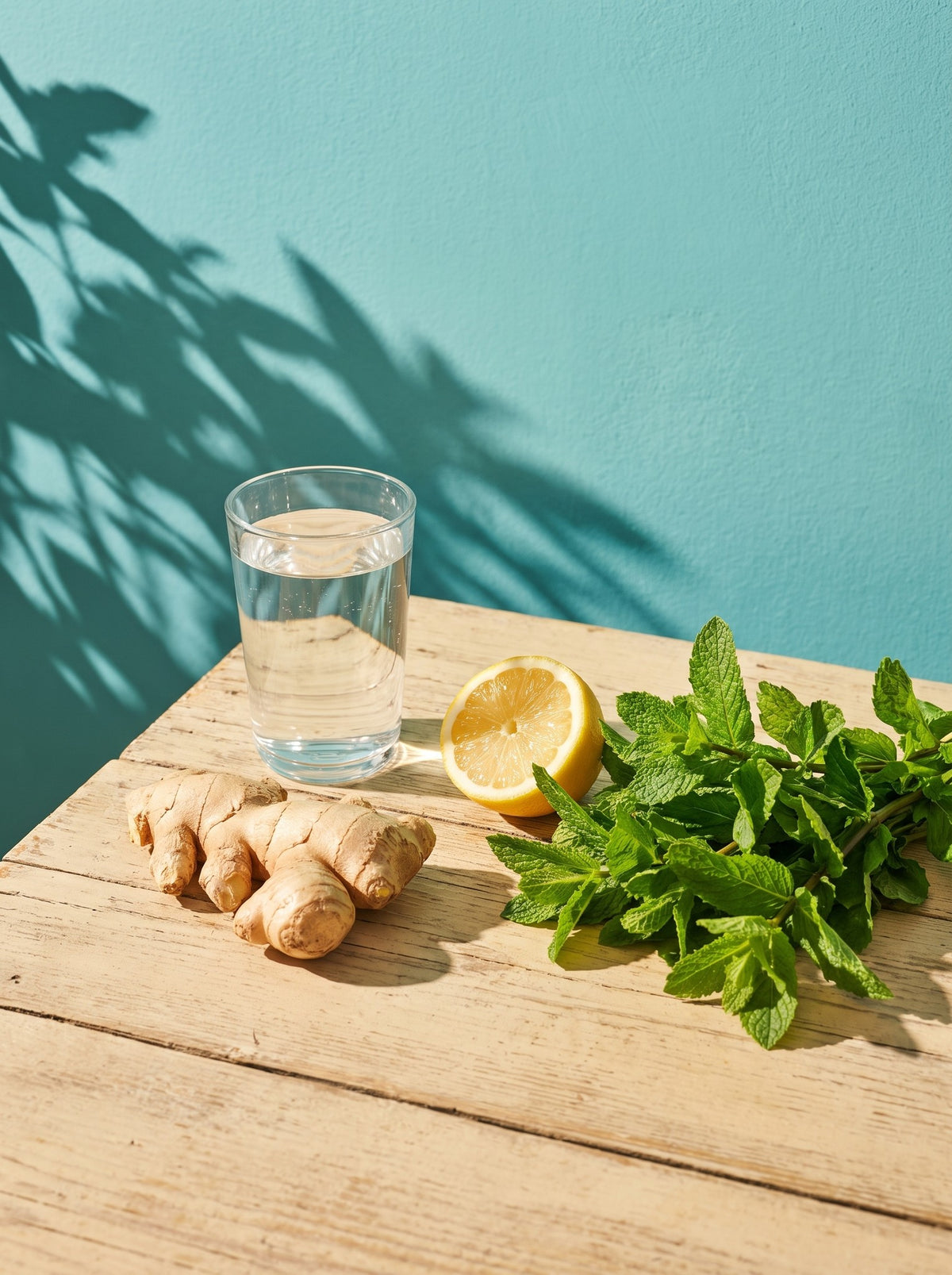 A glass of water, fresh ginger root, lemon and a bunch of mint on weathered wood