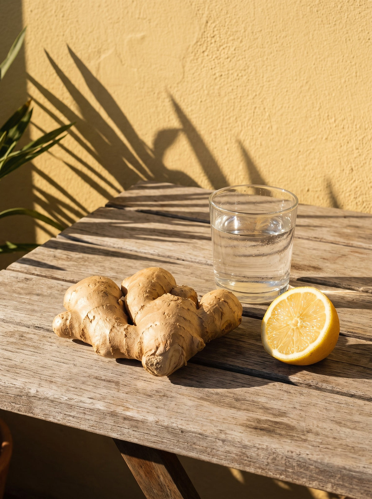Fresh ginger, a cut lemon and a glass of water on weathered wood