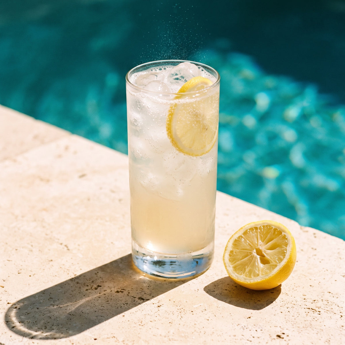 Gem Juice with sparkling water over ice, lemon wheel on the rim