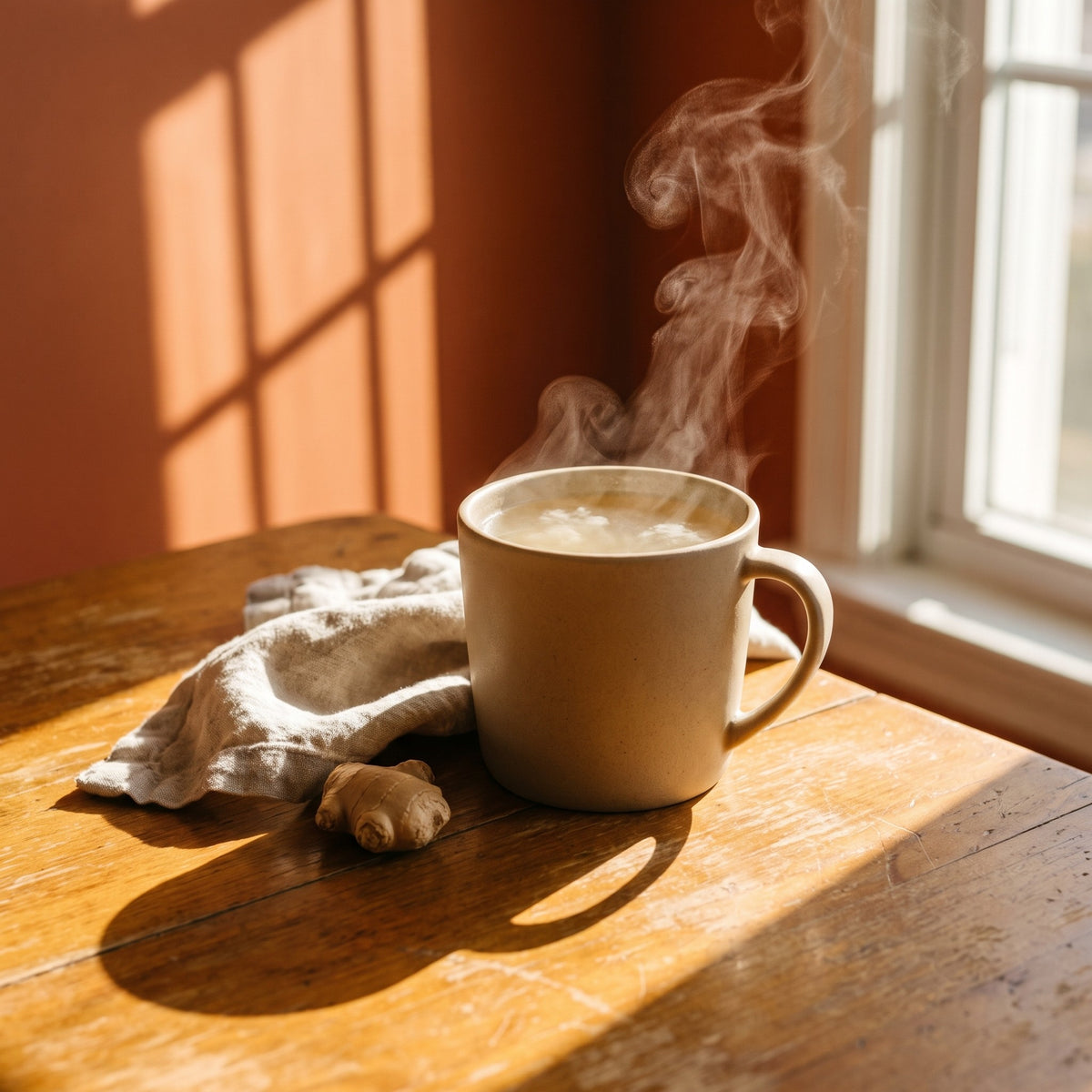 A warm mug of Gem Juice with steam in low morning light
