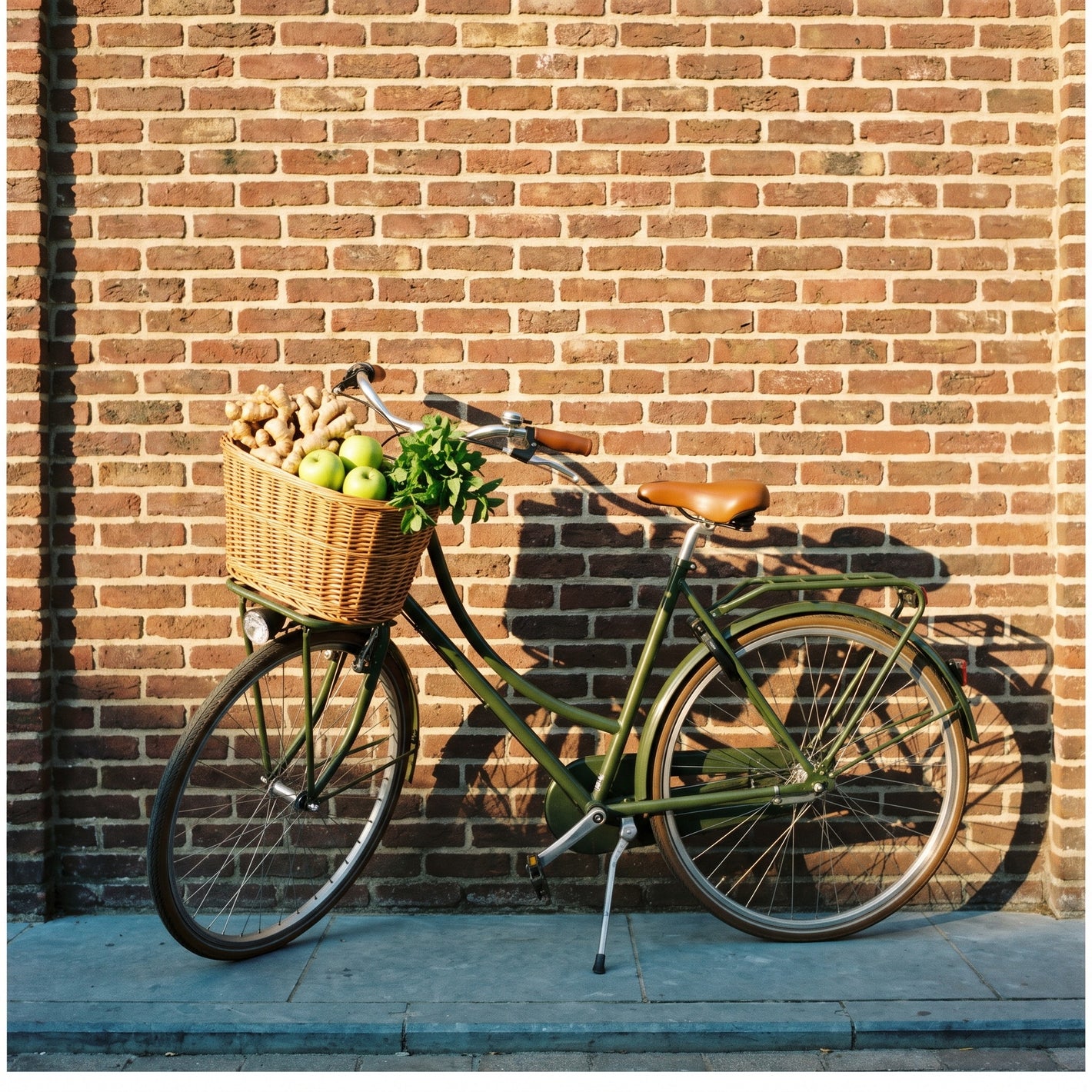 A classic Flemish bicycle with ginger, apples and mint in its basket against a Belgian brick wall