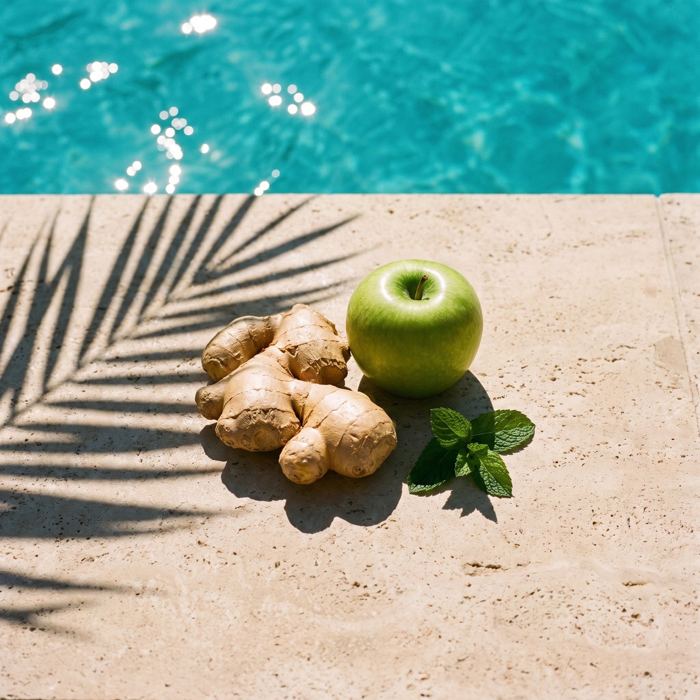 Fresh ginger root, green apple and mint on a sunlit pool edge