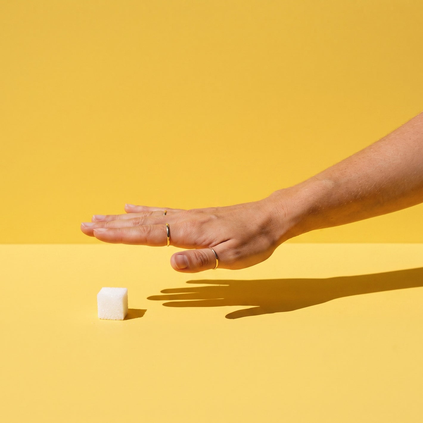 A hand waving away a sugar cube in hard sunlight on butter yellow